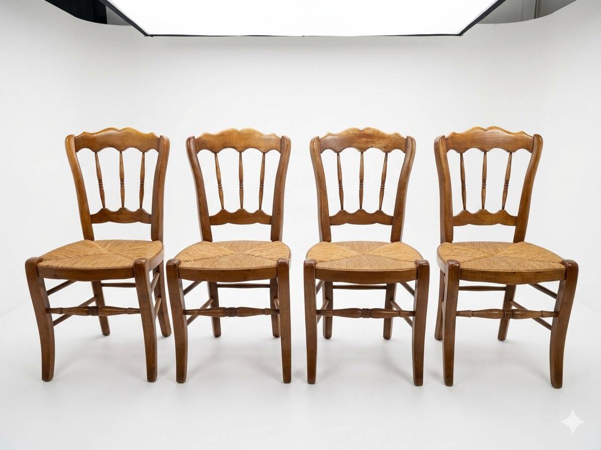 4 rustic farmhouse chairs made of wood and straw