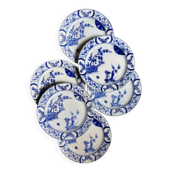 6 assiettes plates Creil & Montereau en terre de fer bleue, service ''Japon