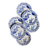 6 assiettes plates Creil & Montereau en terre de fer bleue, service "Japon"