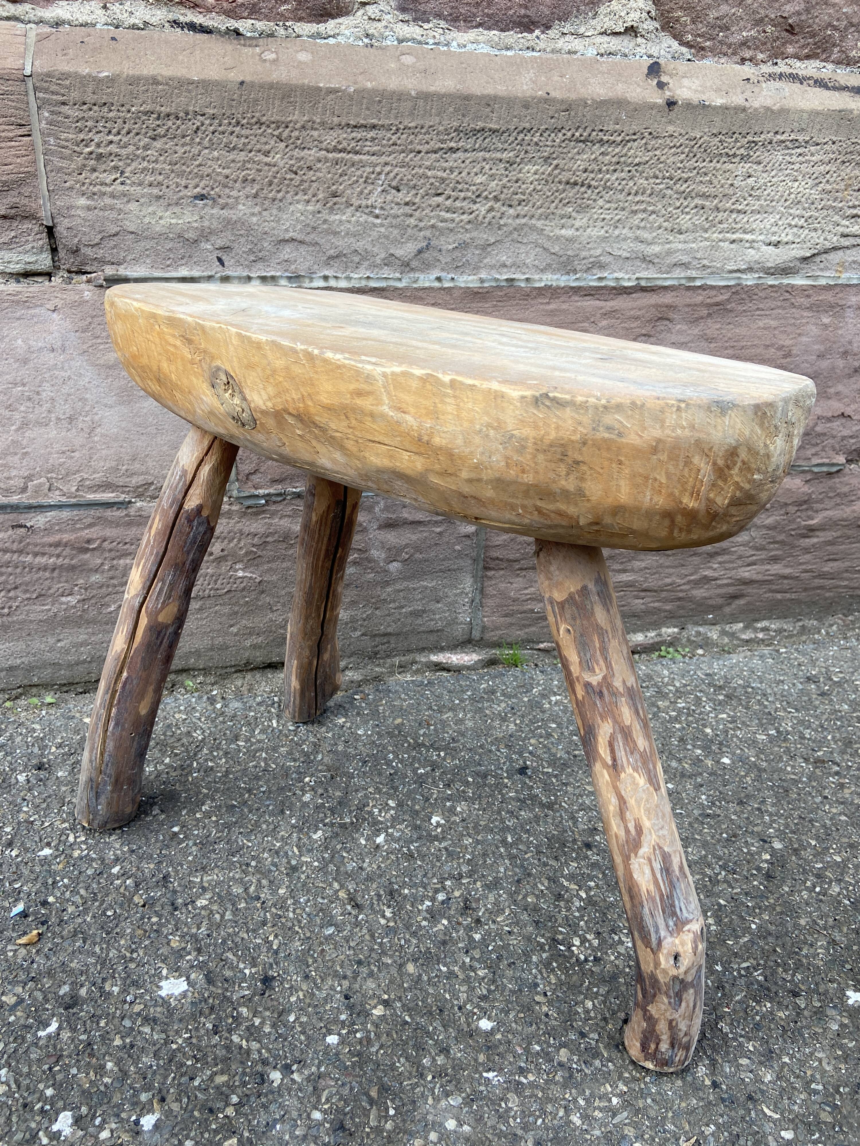 Pair of rustic 1940 brutalist wooden tripod farm stools vintage