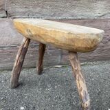 Pair of rustic 1940 brutalist wooden tripod farm stools vintage