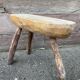 Pair of rustic 1940 brutalist wooden tripod farm stools vintage