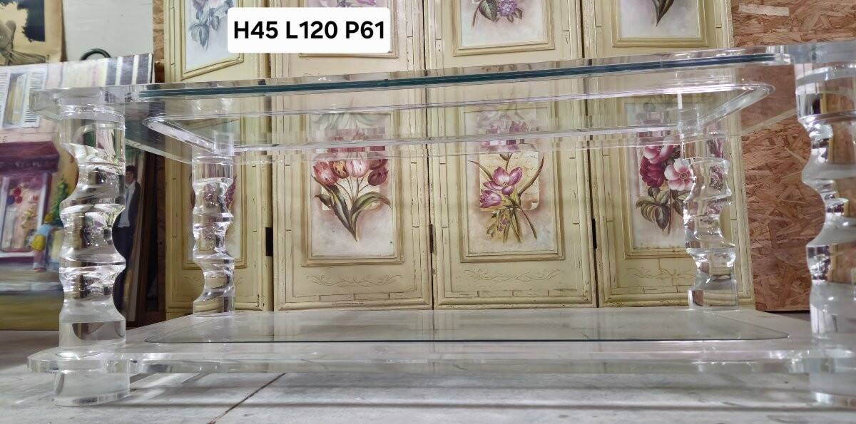 Table basse design Maison Roméo en lucite et verre – années 70