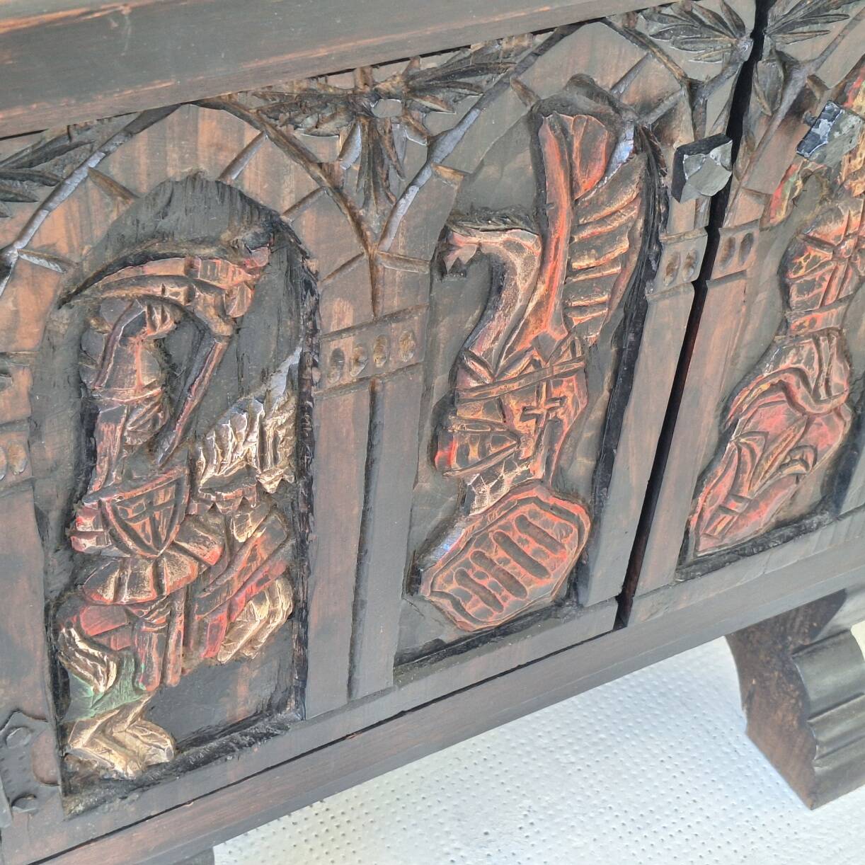 Arts of México Spanish colonial carved  painted console / sideboard, 1940s
