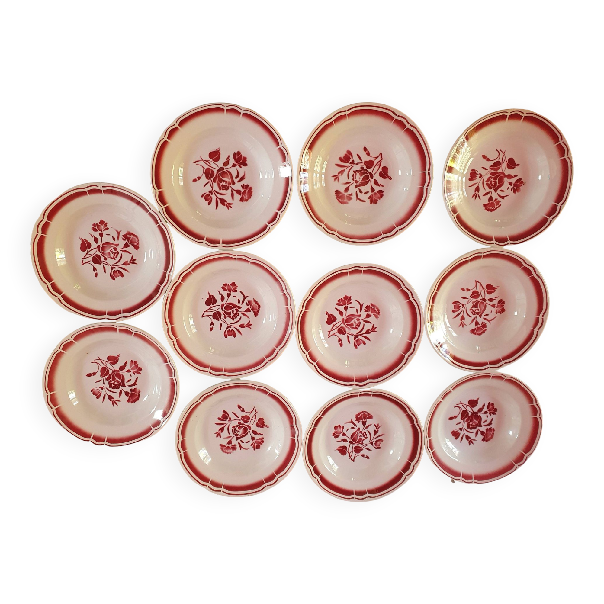 set of 11 vintage soup plates with red flowers