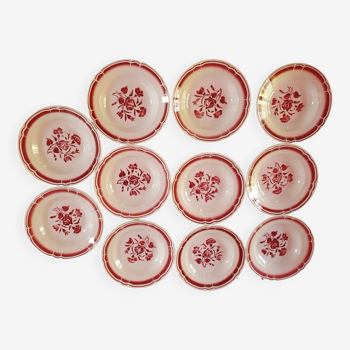 set of 11 vintage soup plates with red flowers