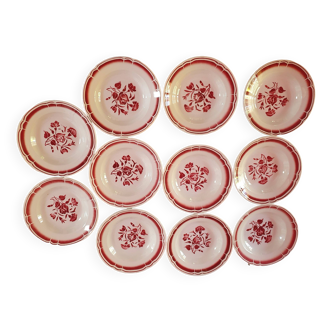 set of 11 vintage soup plates with red flowers