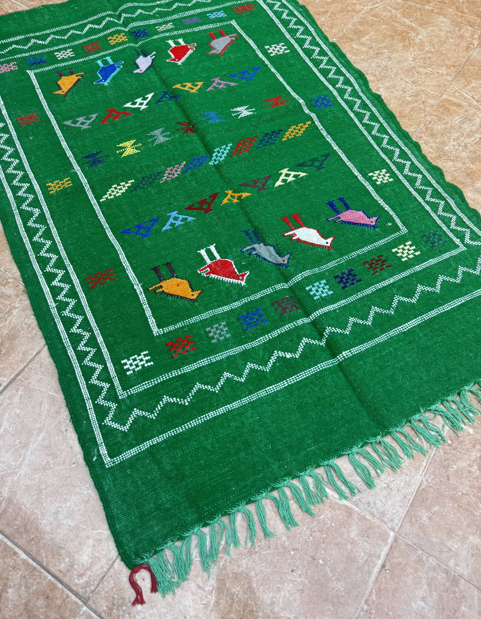 Handwoven Berber Kilim rug: Small Moroccan tribal accent rug
