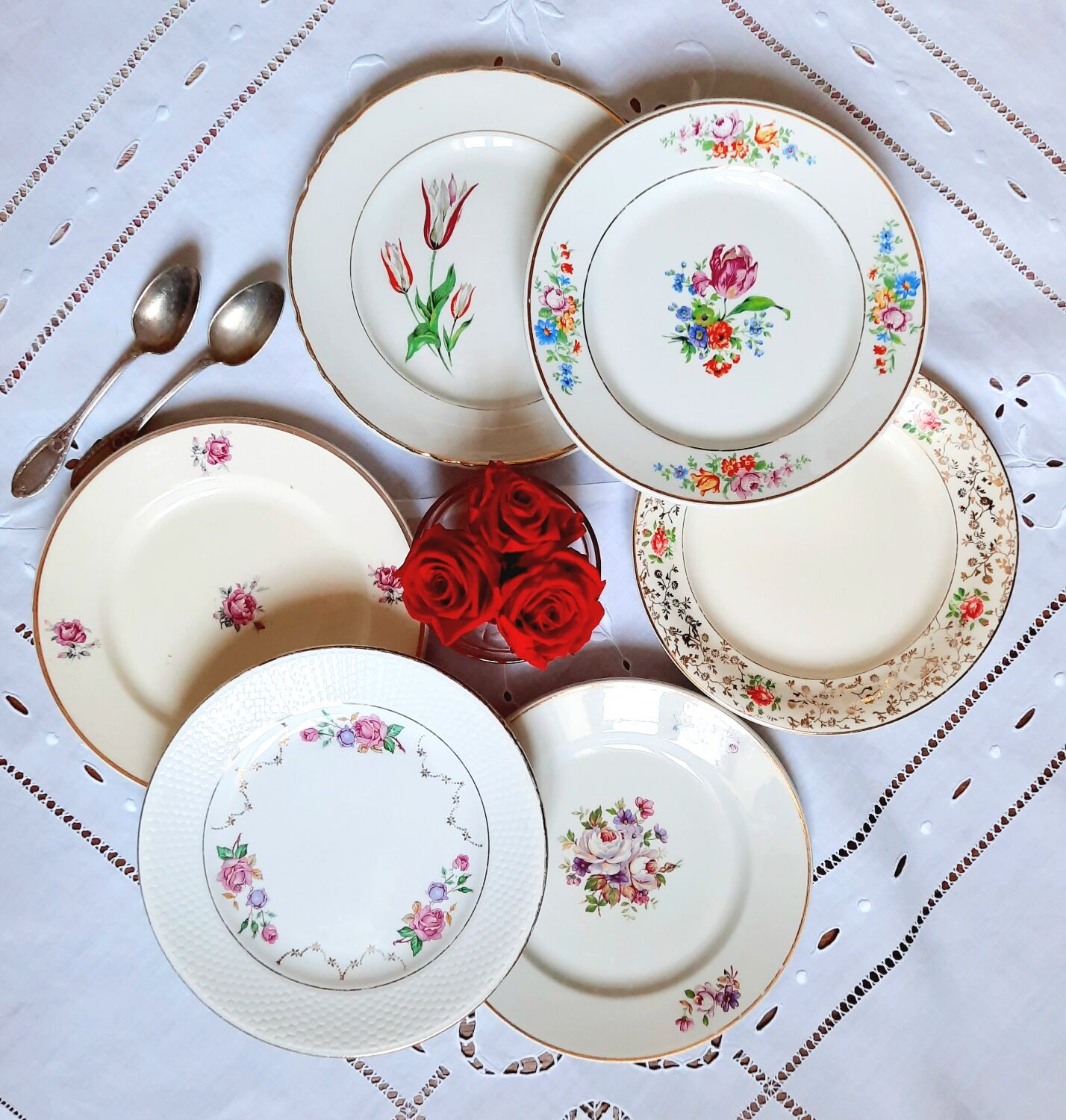 Antique dessert plates mismatched in earthenware with gilded edges