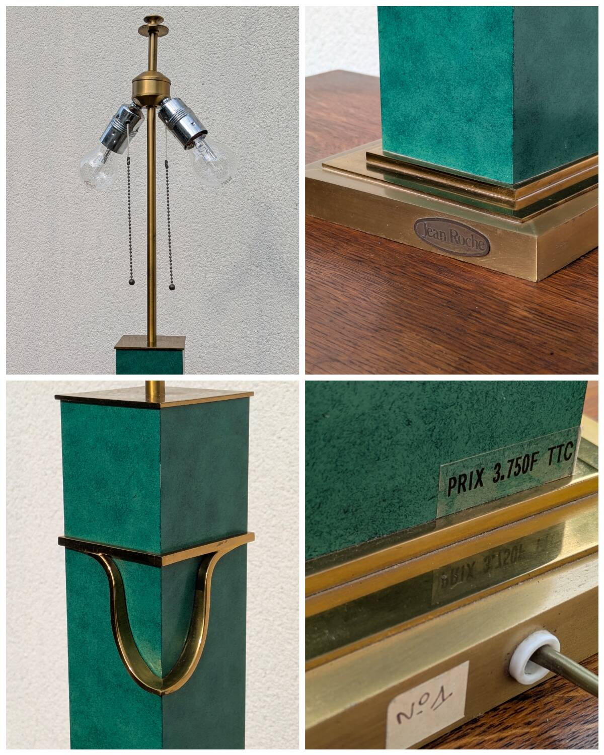 Vintage Jean Roche lamp base, 1980, brass & green