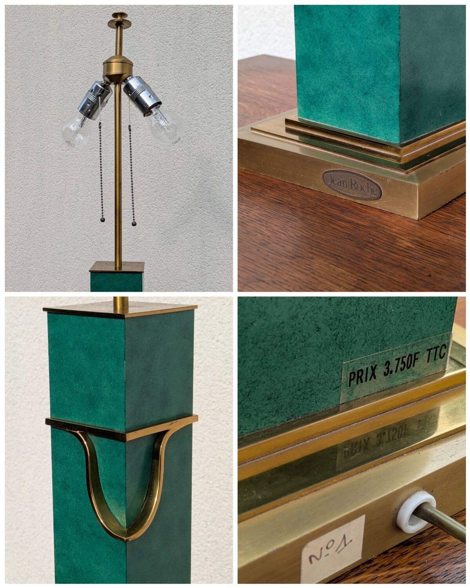Pied de lampe vintage Jean Roche, 1980, laiton & vert