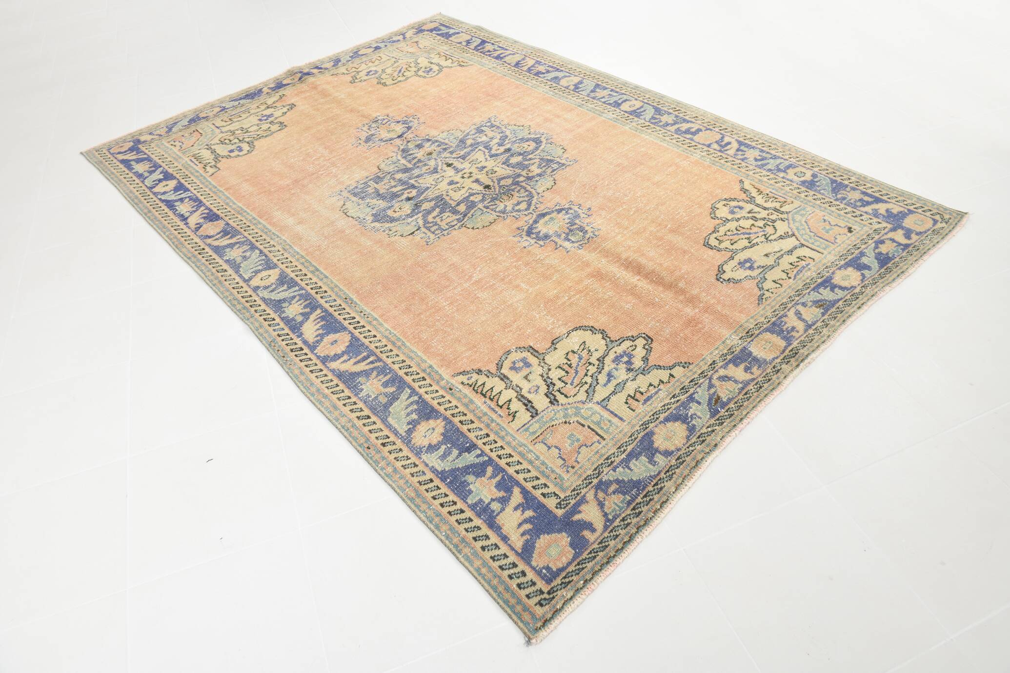 Samon & Blue Luxury Vintage Rug, Large Area Vintage Persian Rug, 218x302 Cm
