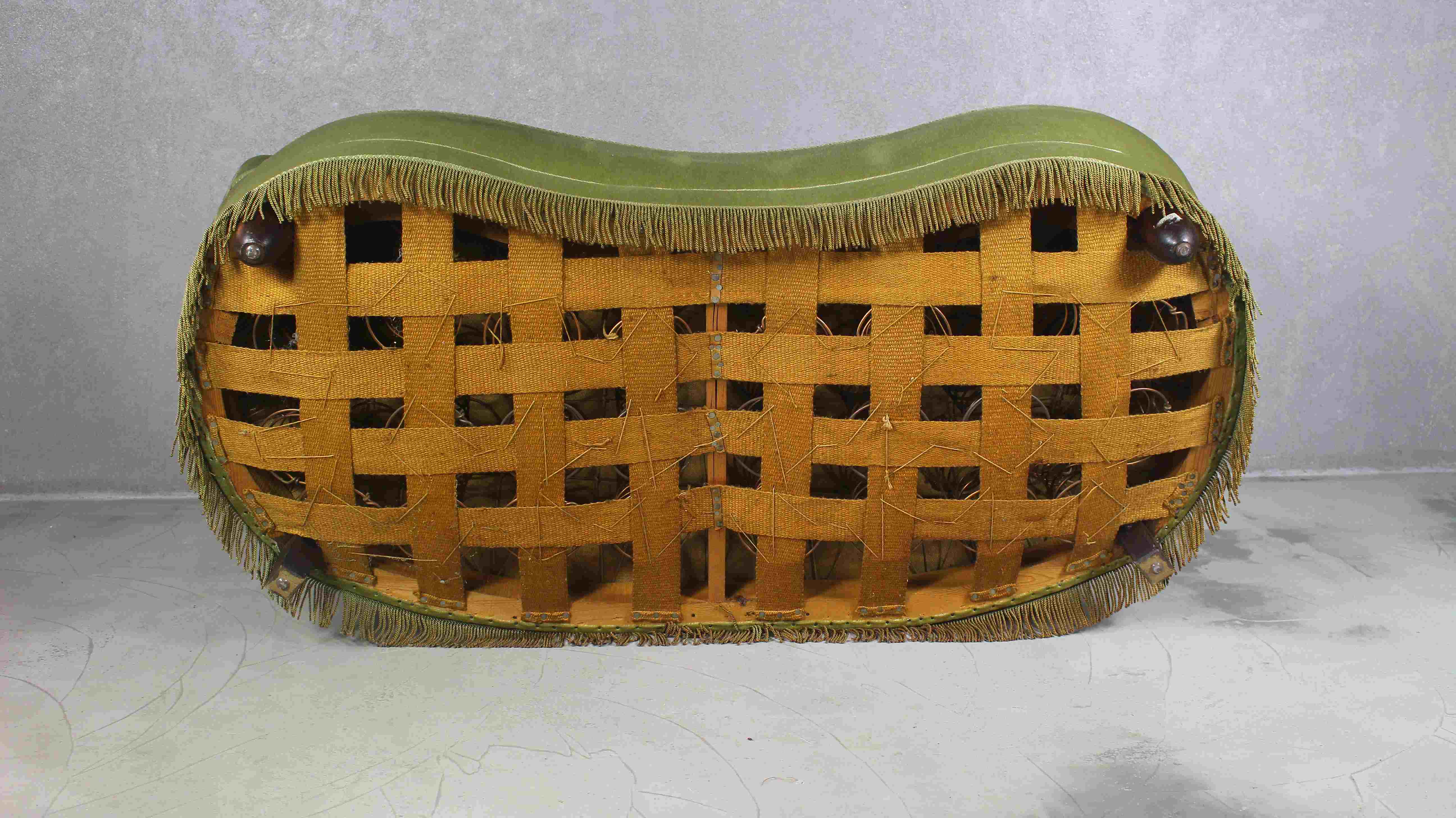 1940s Danish Curved Green Buttoned Sofa