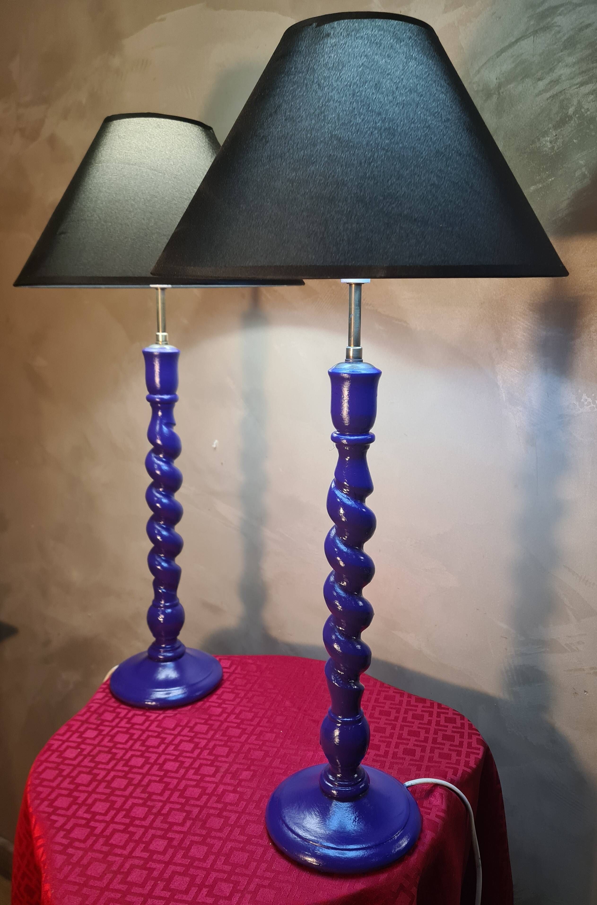 pair of twisted wooden lamps purple electric check 62x30