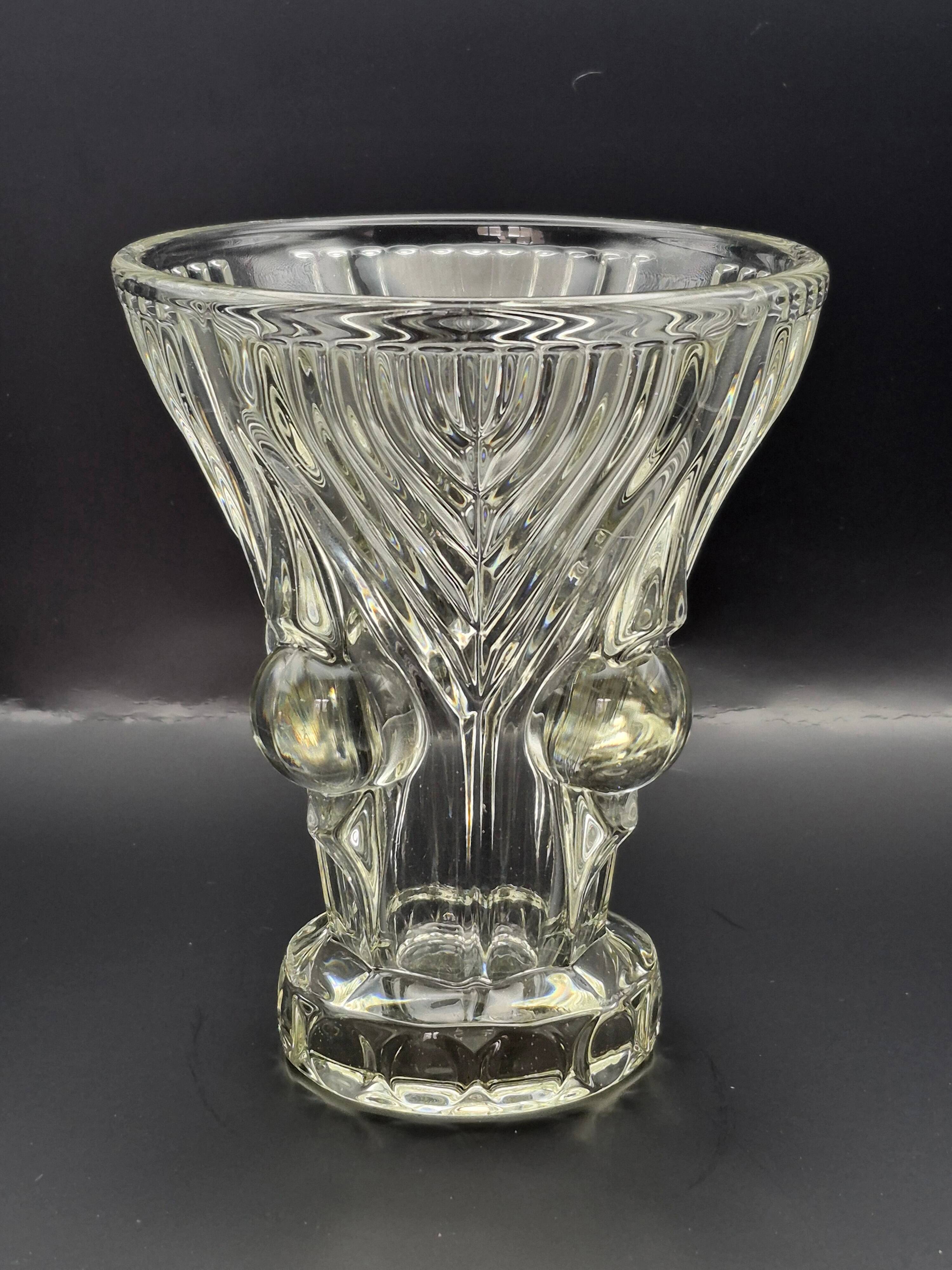 Vintage thick moulded glass/crystal vase Sculptural design Art Deco
