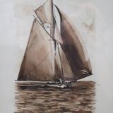Pair of watercolor washes of sailing ships by Francis Kulhen