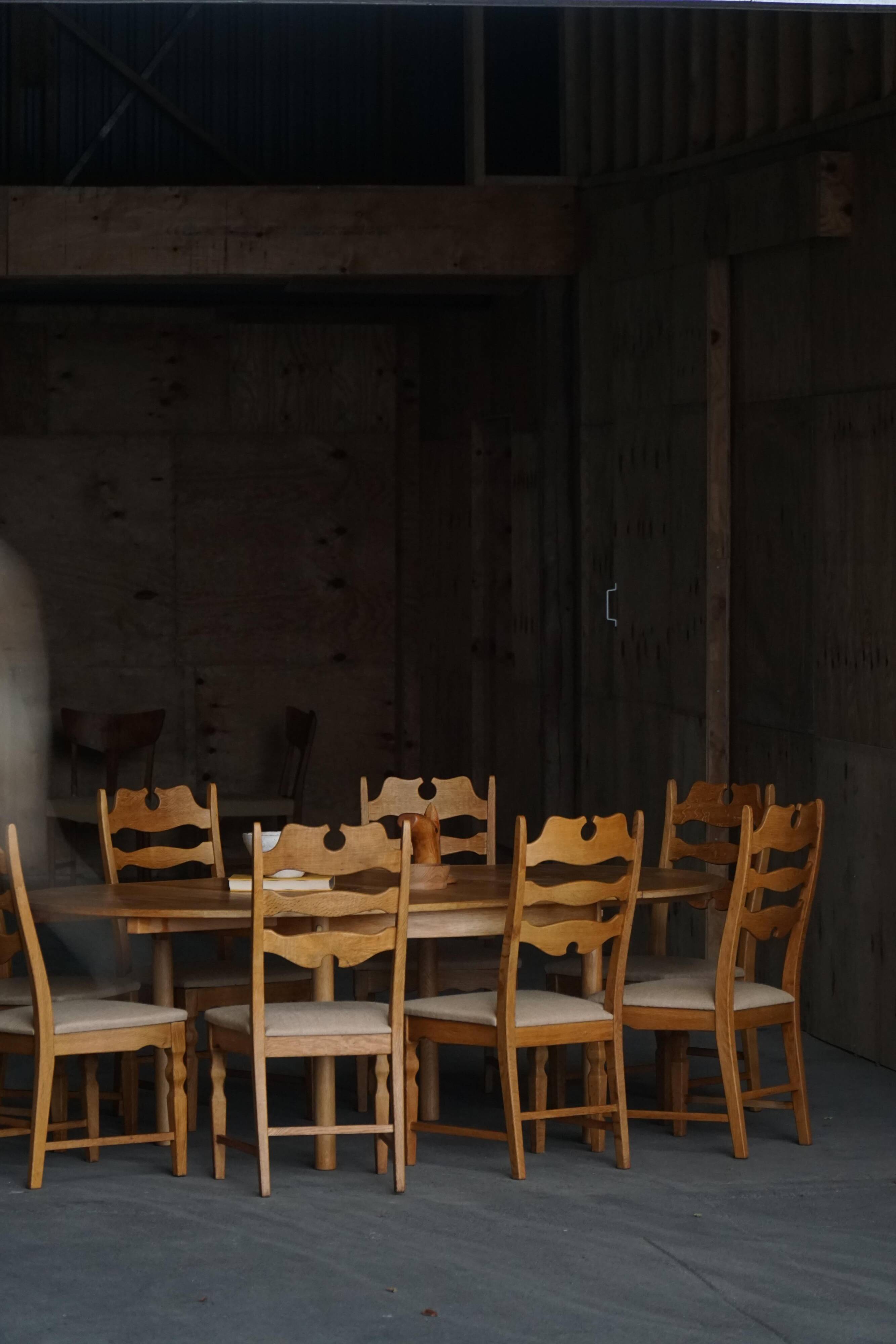 Set of 8 oak chairs with jute fabric, Henning Kjærnulf, mid-century Danish, 1960s.