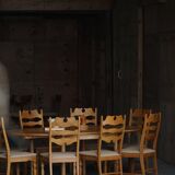 Set of 8 oak chairs with jute fabric, Henning Kjærnulf, mid-century Danish, 1960s.