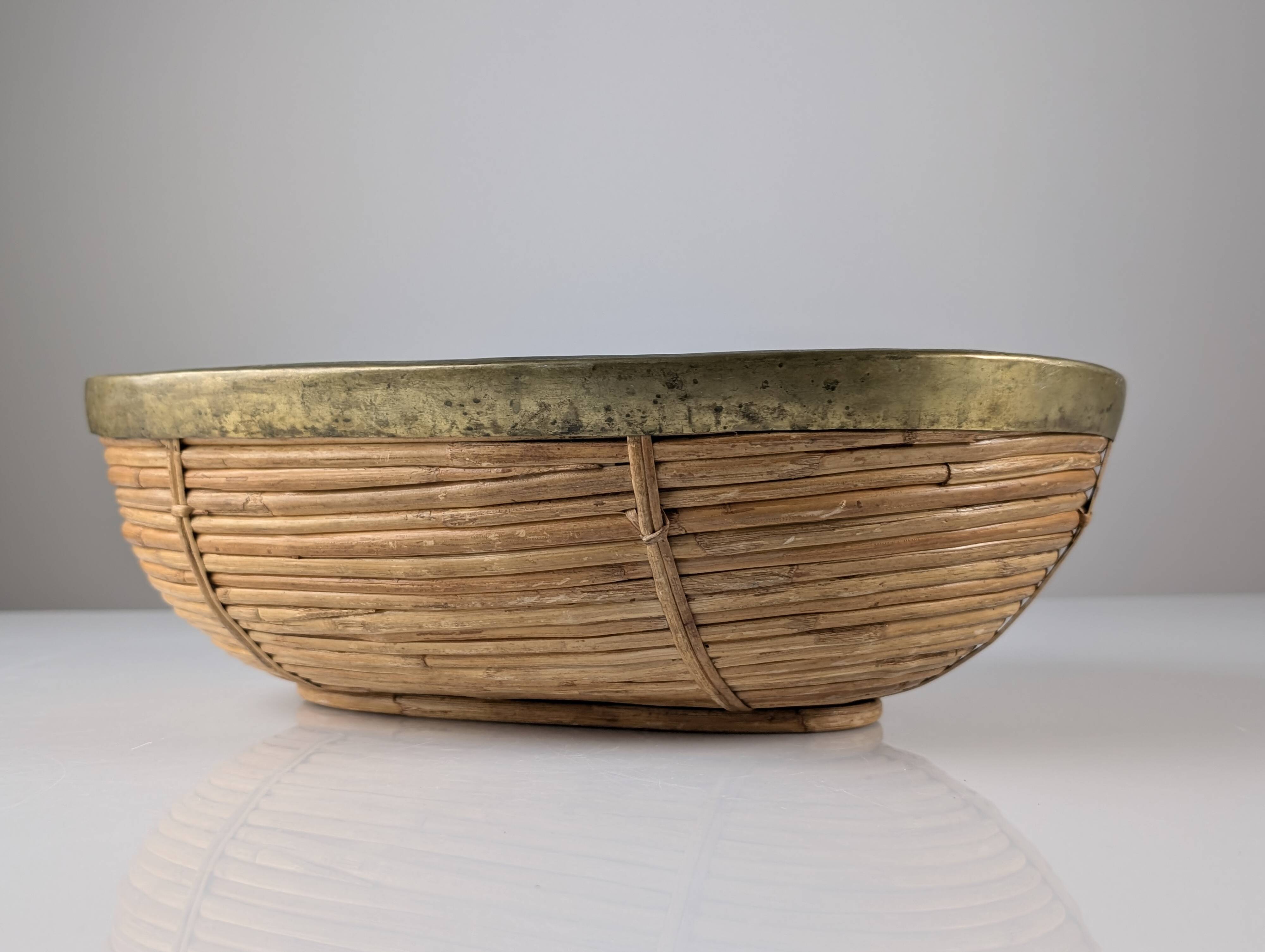 Italian oval rattan and brass centerpiece, mid-century style, 1970s