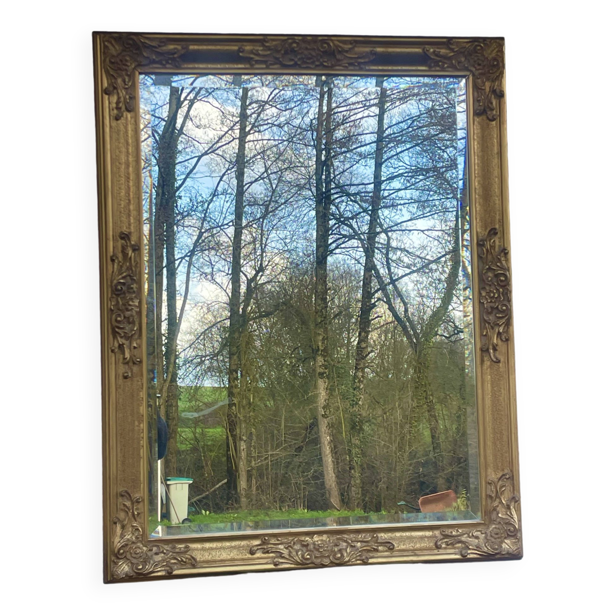 vintage bevelled mirror in rectangular shape, stucco and gilded wood in Louis XV baroque style