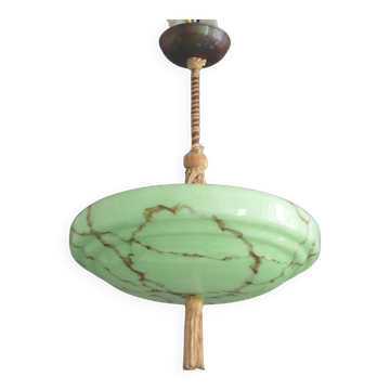 Art Deco pendant light with coiled rod, marbled effect, metal and brass pendant - 1930s