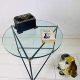 Vintage round side table. Thick glass round coffee table. Robust industrial design table.