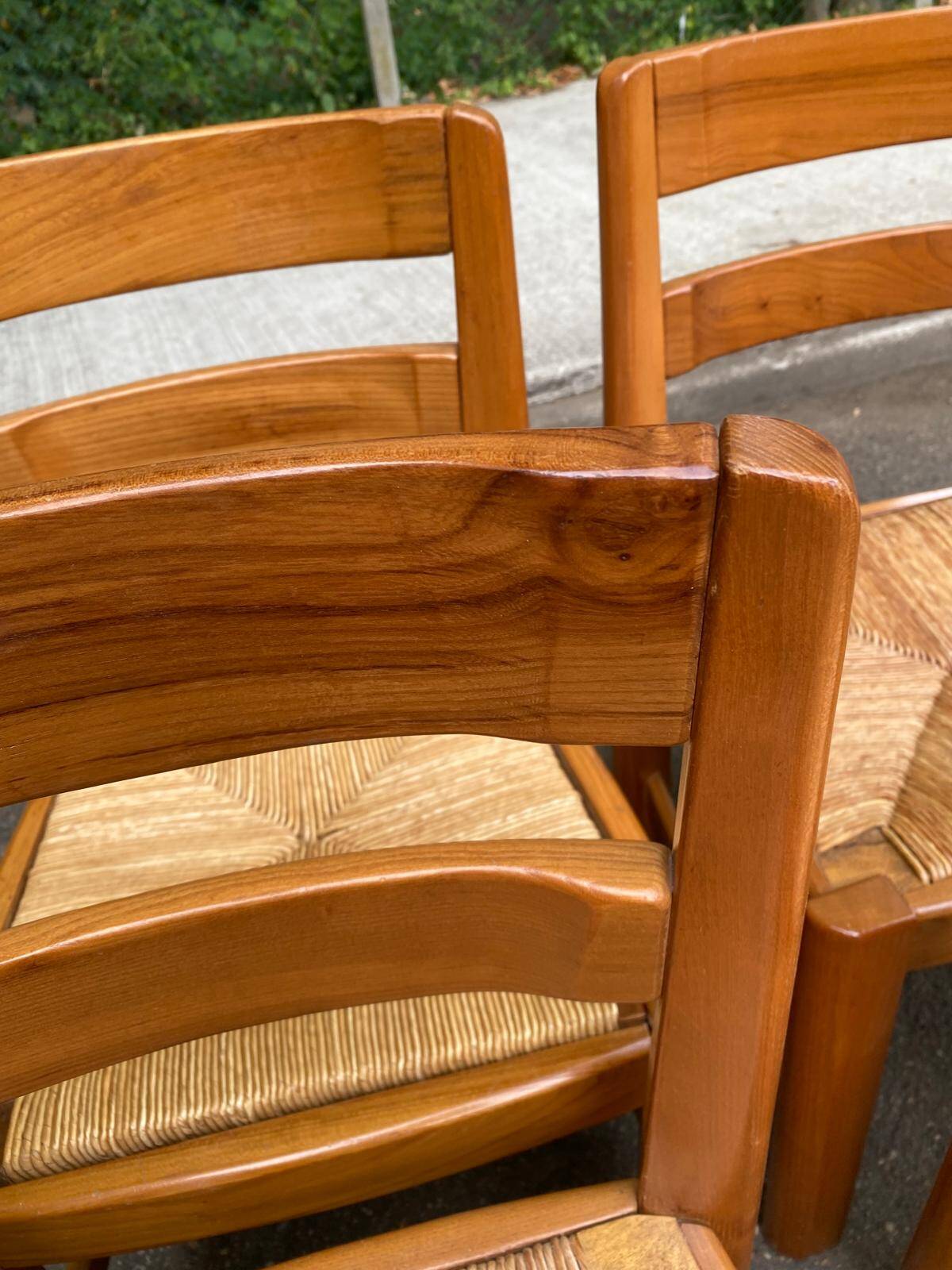 6 chaises brutalistes Maison Regain orme massif paillées années 80