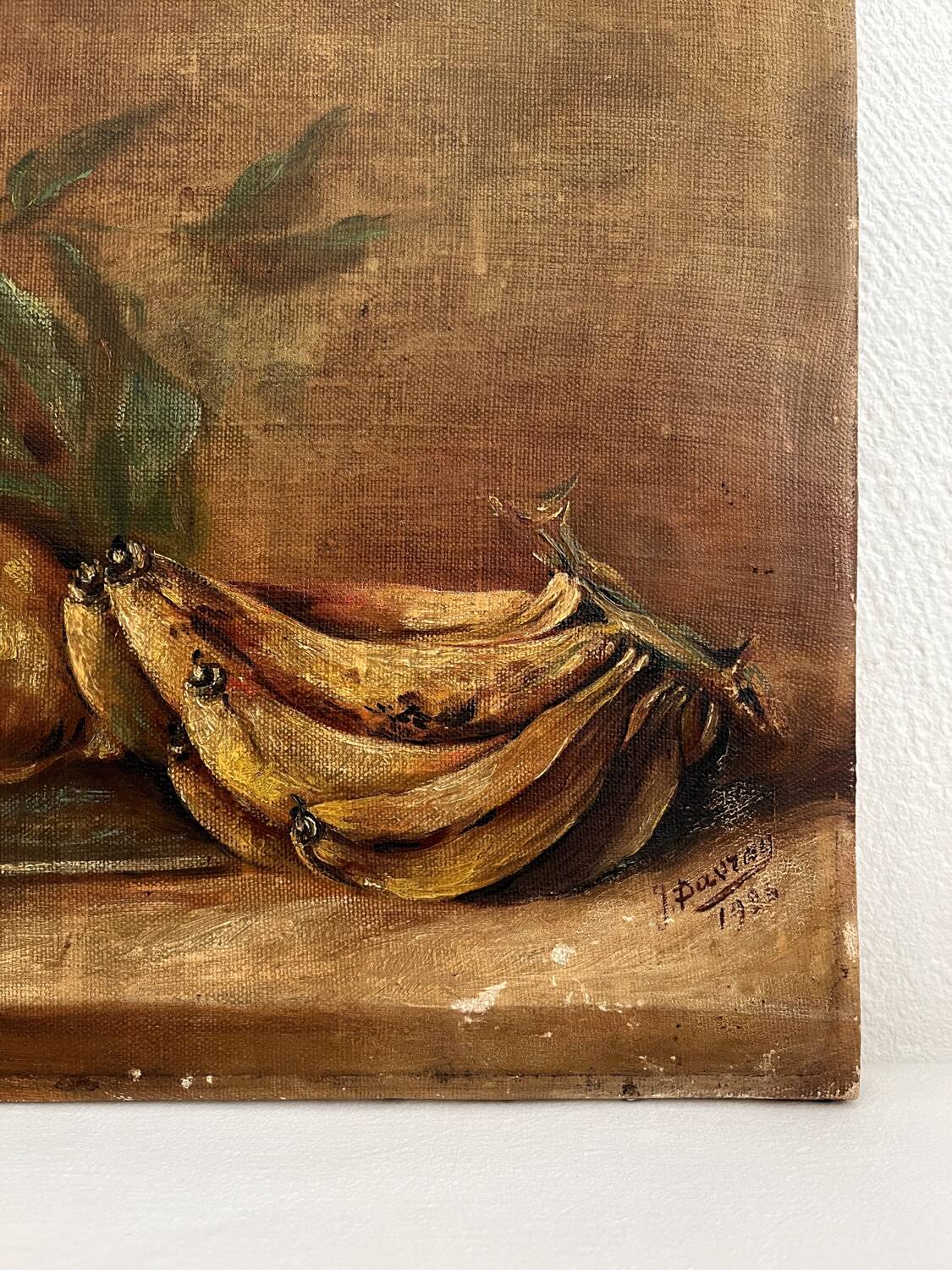 Old oil painting on canvas still life with exotic fruits