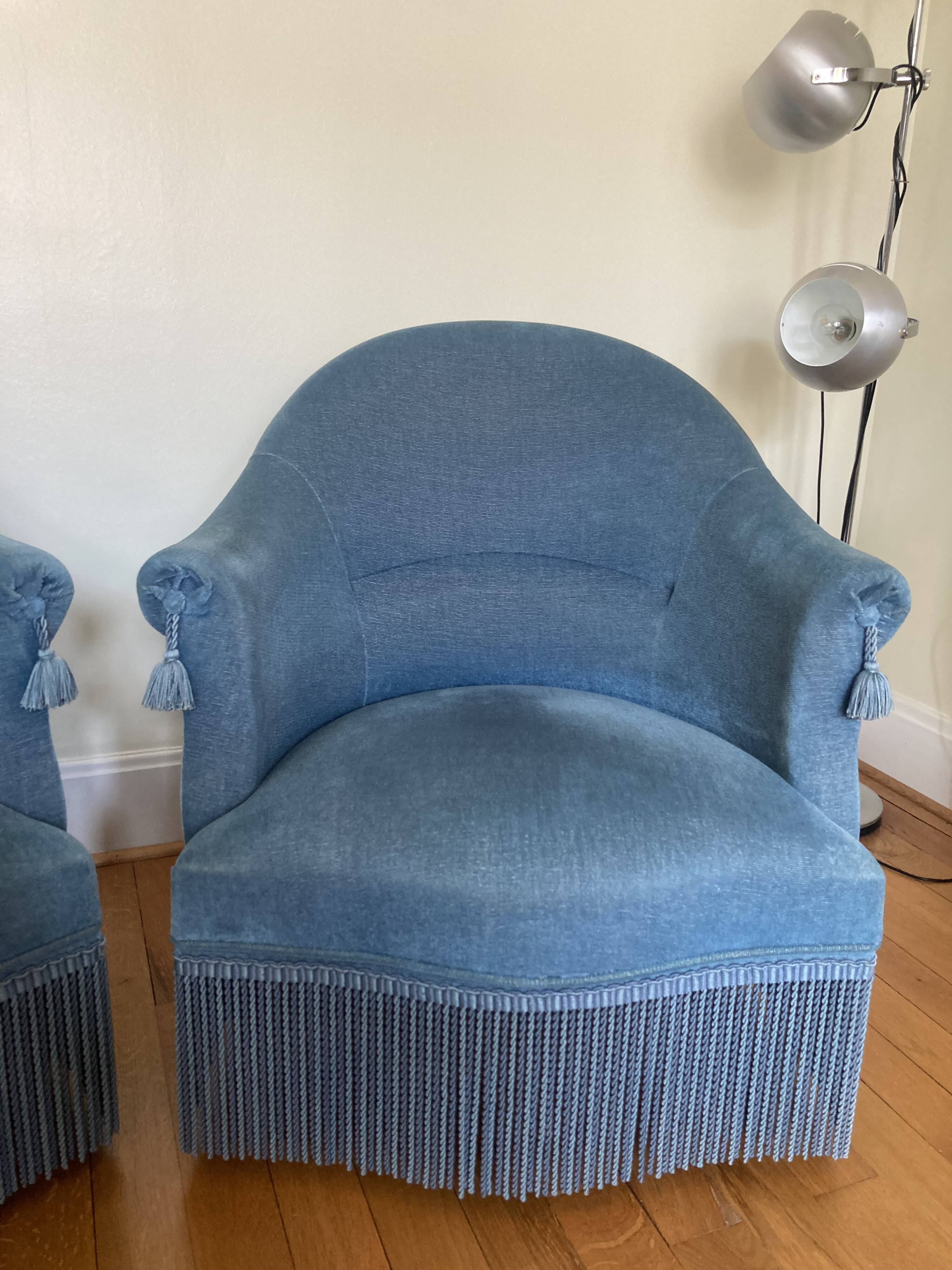 Pair of blue velvet toad armchairs from the 60s
