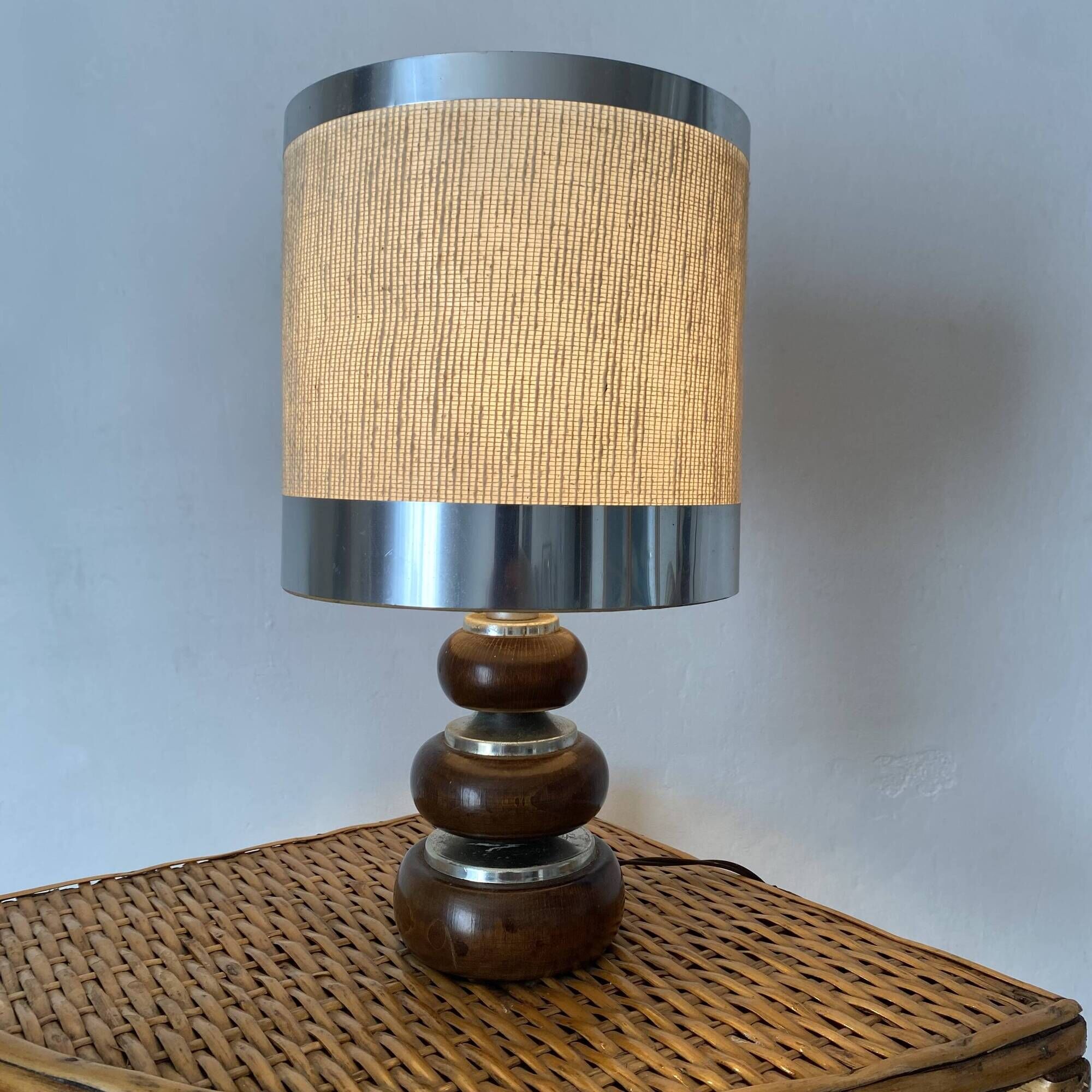 Lampe vintage  33 cm en bois et chrome années 70