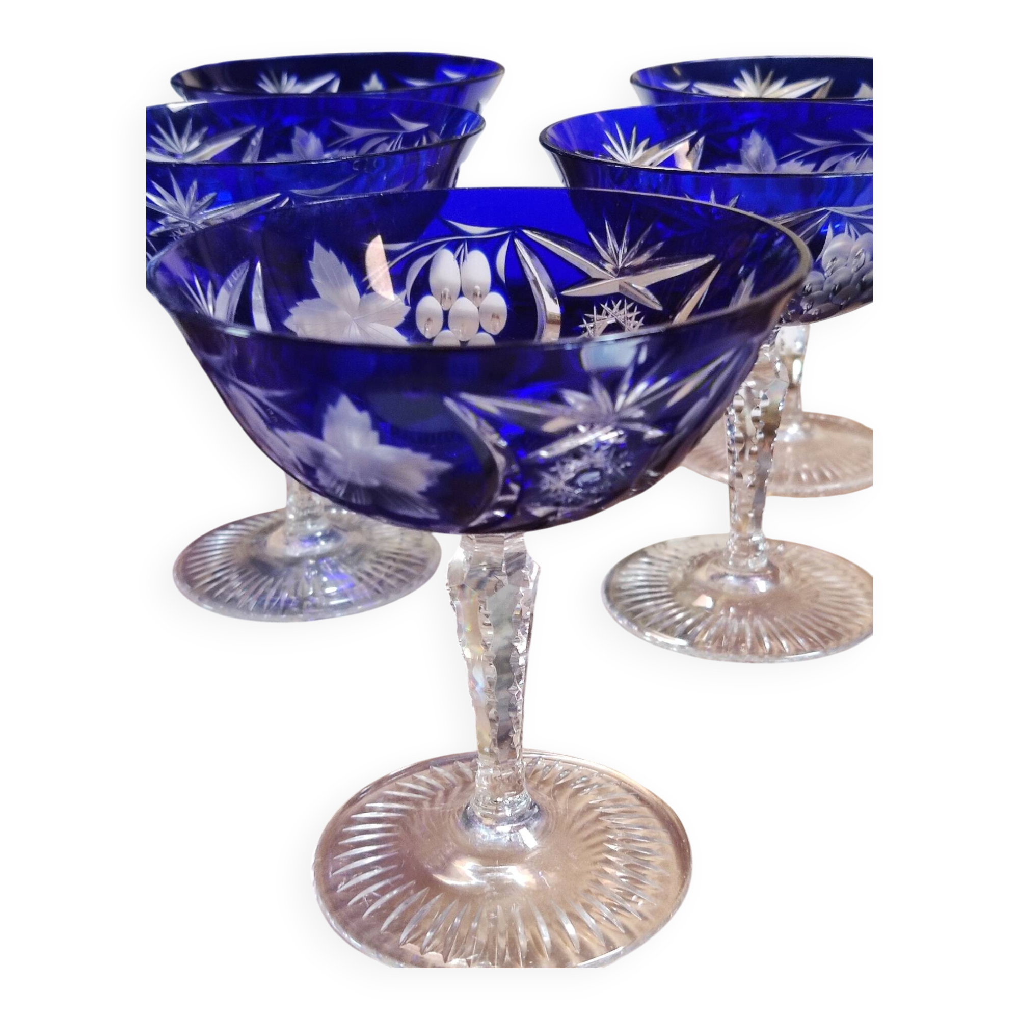 6 cut crystal cobalt blue champagne glasses
