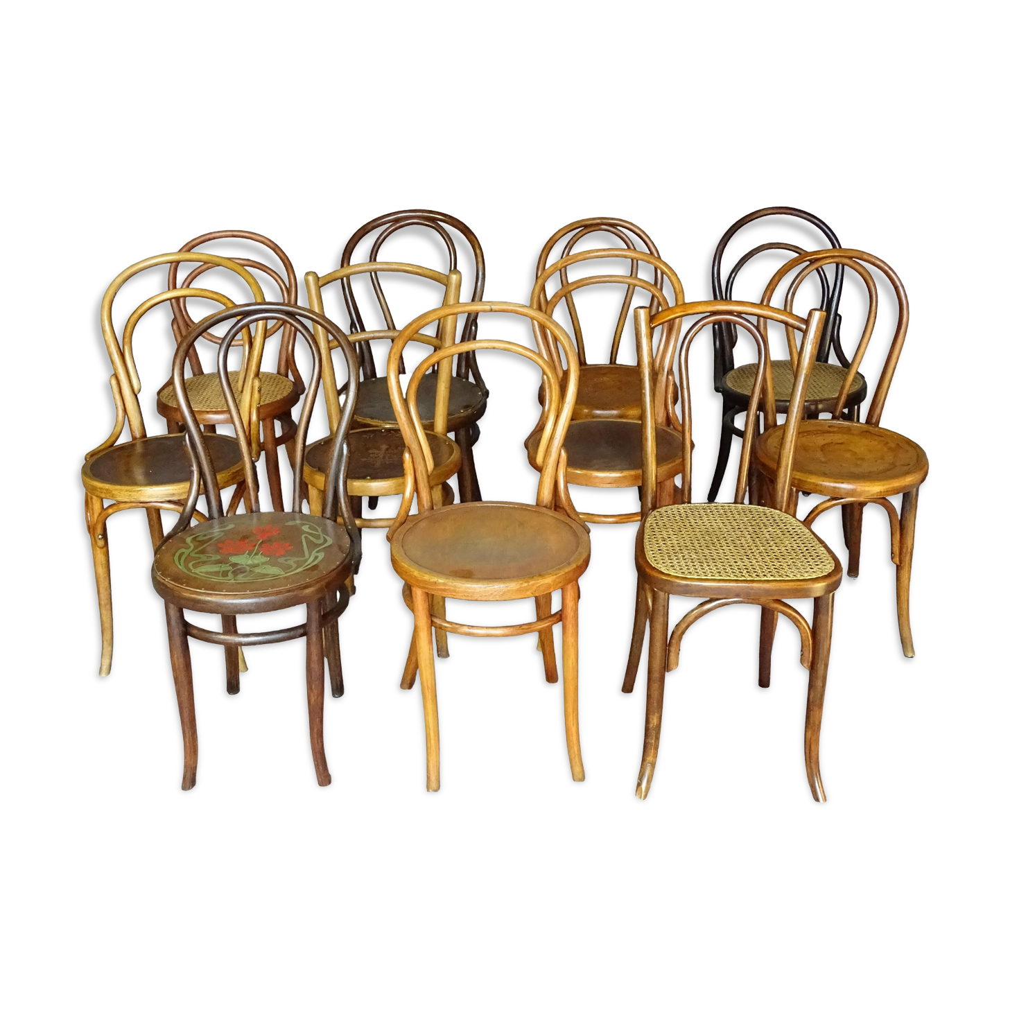 Set de 11 chaises bistrot bois et cannages, 1900/1915