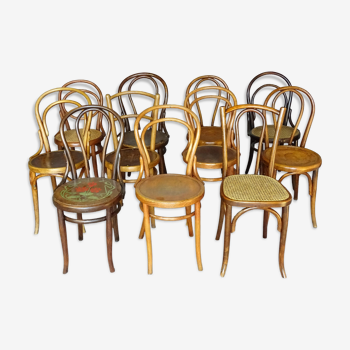 Set de 11 chaises bistrot bois et cannages, 1900/1915