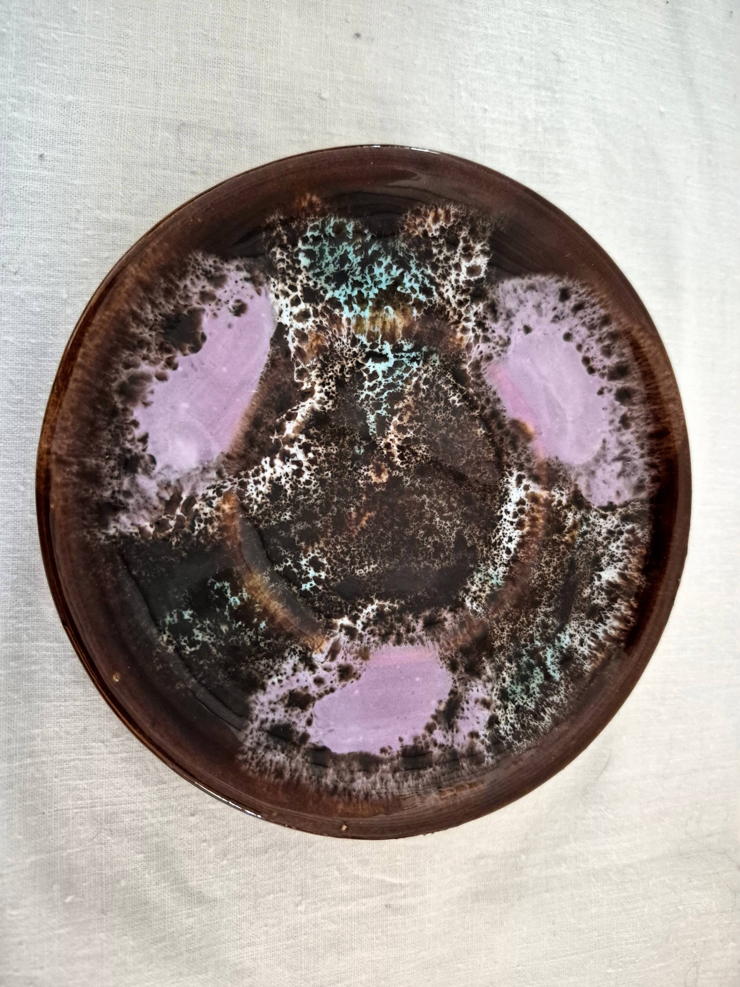 Six cups and saucers Vallauris glazed ceramic in brown and old pink.