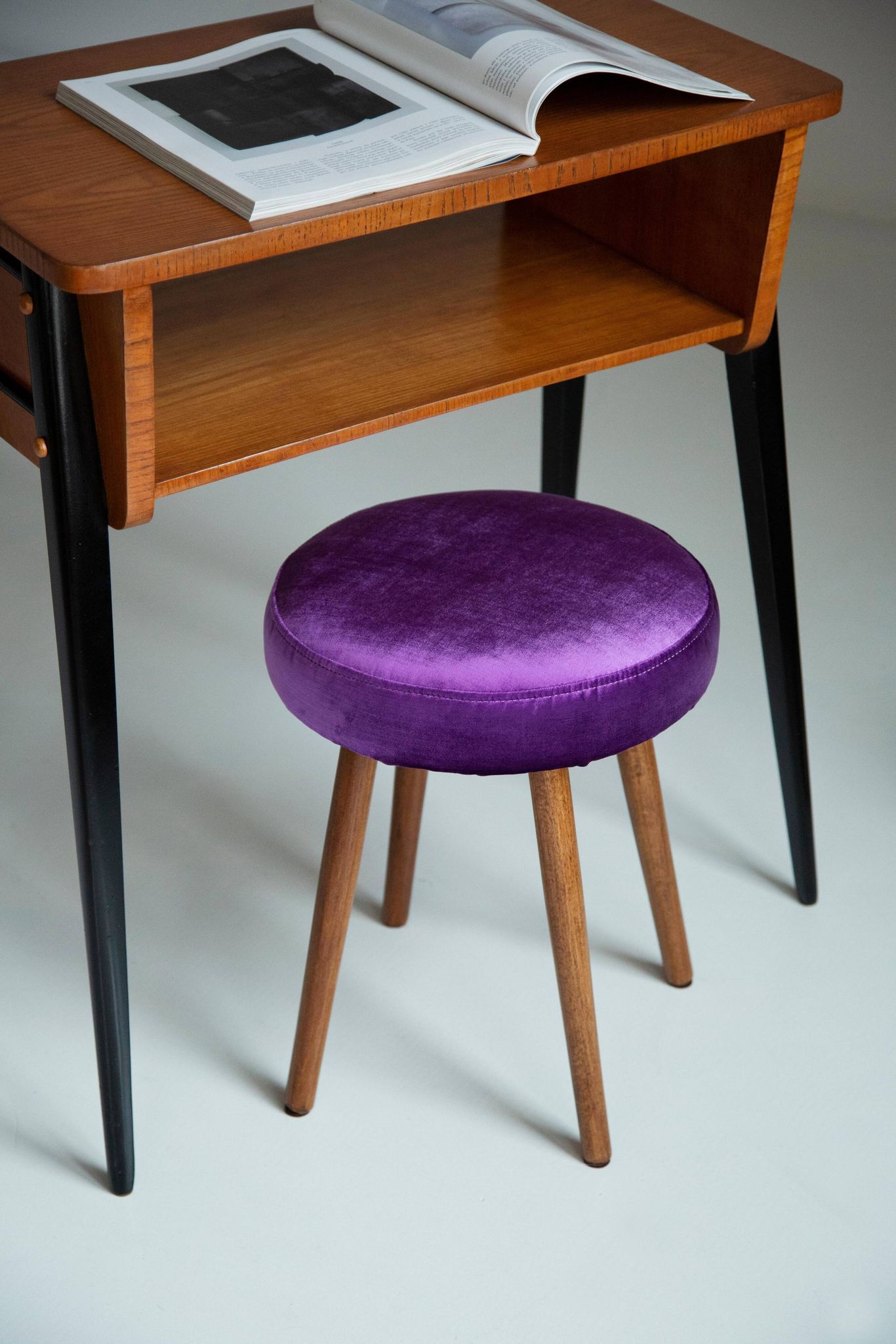 Set of two shiny purple velvet stools from the mid-century, Europe, 1960s.