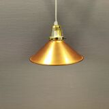 Copper hanging lamp with brass colored top and white inside lacquer.