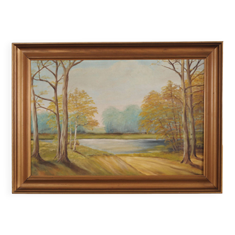 Painting „Two Birch by the Pond”, Scandinavian design, 1970s