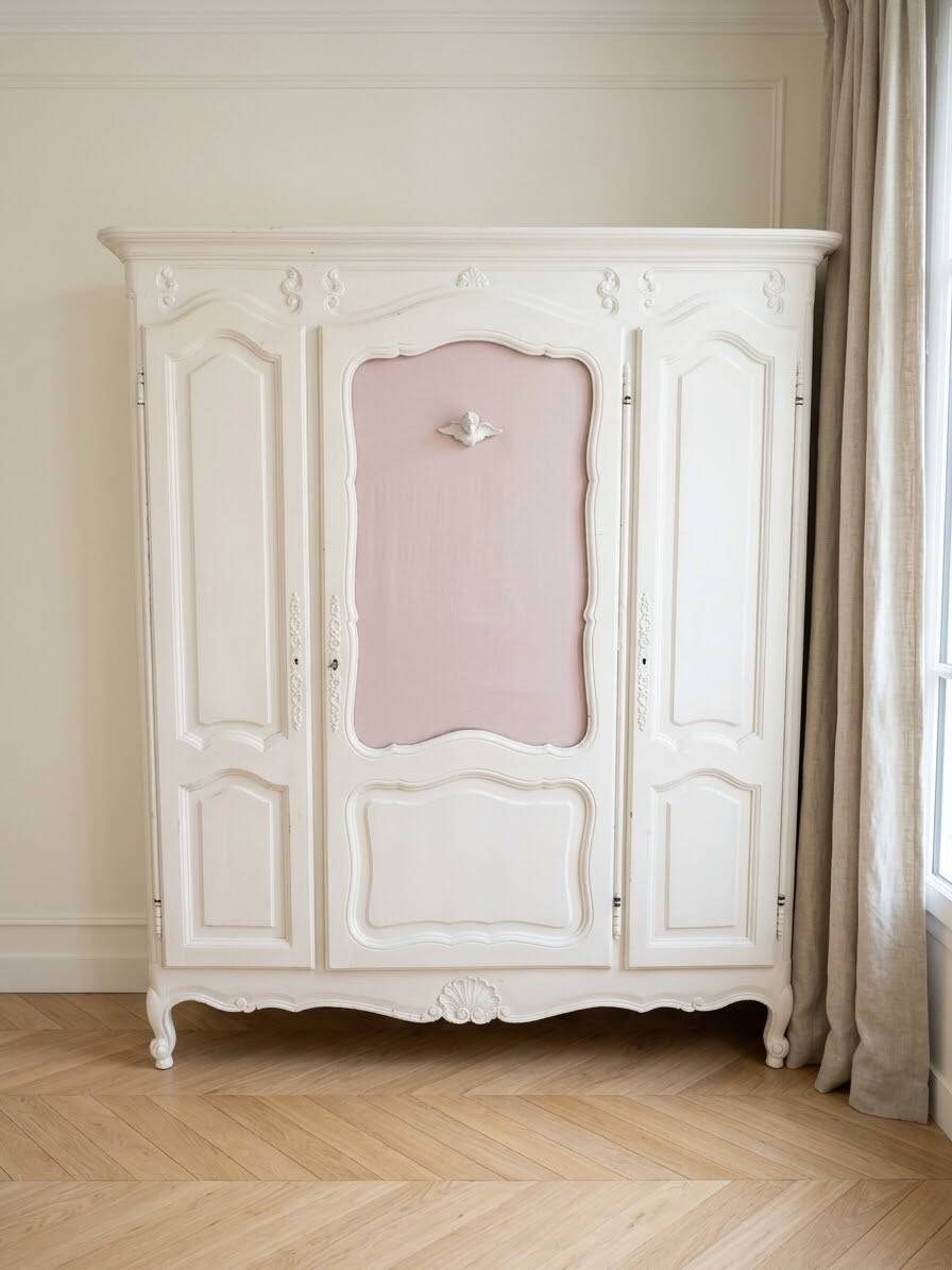 Baroque 3-door wardrobe repainted in white.