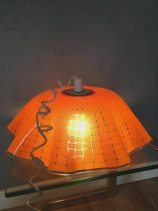 Polish ceiling lamp, orange hand-painted glass with wavy edge, 1970s-80s