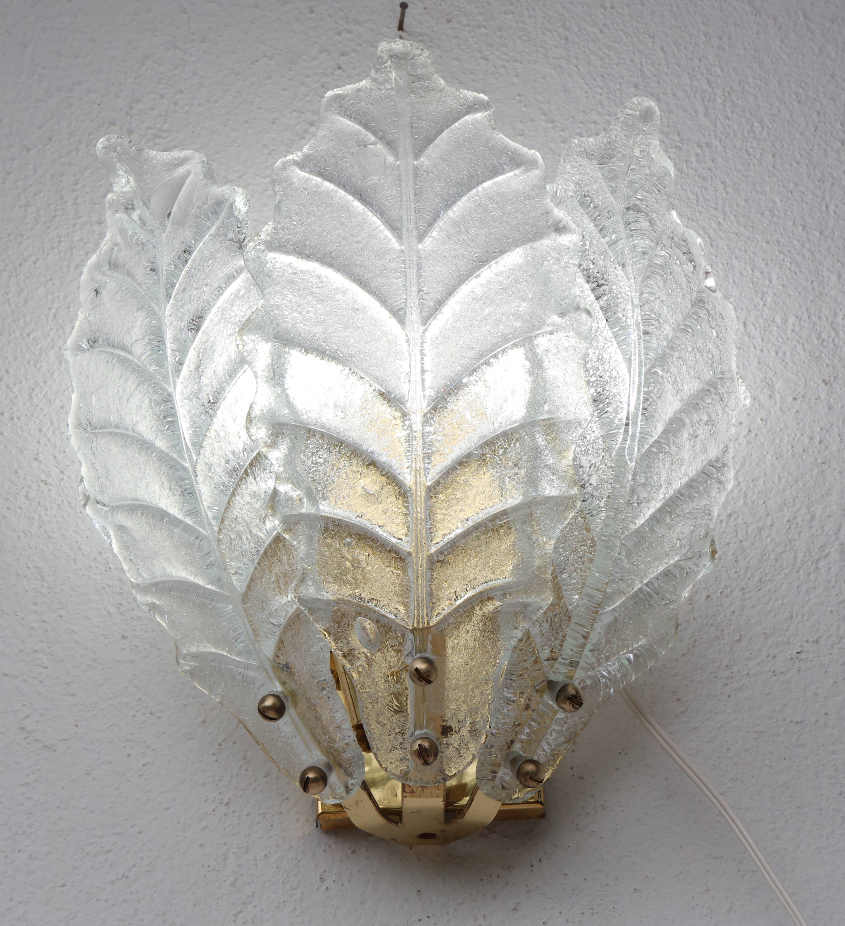 Set of 2 Taormina, Elegant Murano Wall Light Transparent Leaves, 1970
