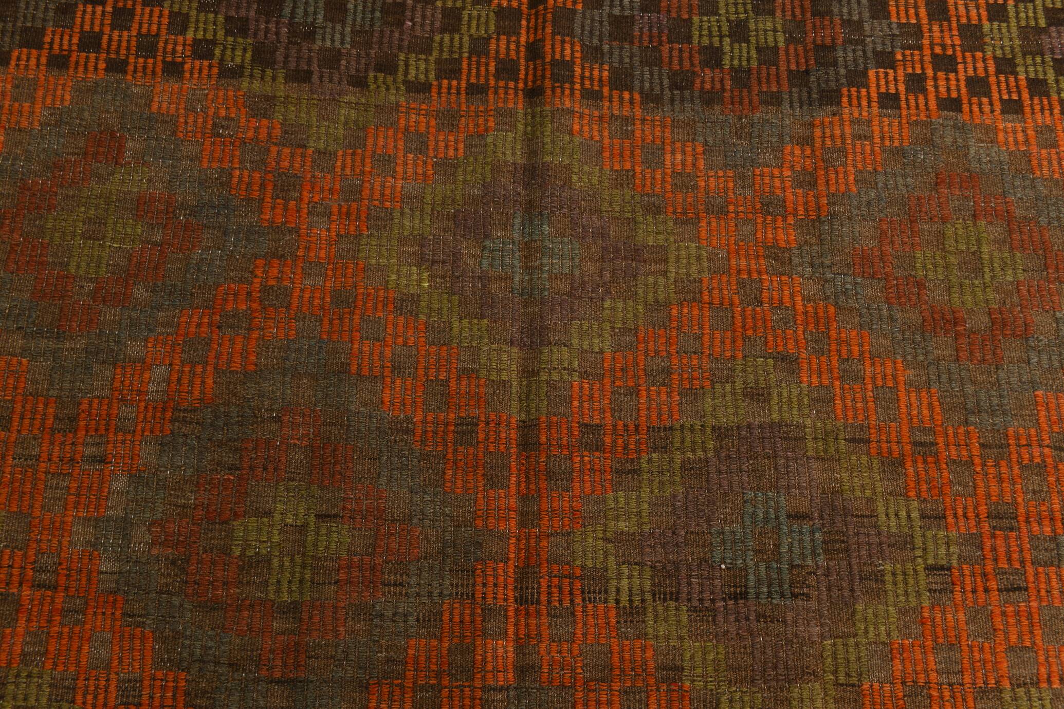 Tapis Kilim Tribal Vintage – Motifs Géométriques Terre & Orange, 207x301 Cm