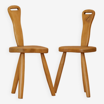 Pair of brutalist tripod chairs in solid wood (Elm) vintage circa 1950