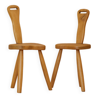 Paire de chaises tripodes brutalistes en bois massif (Orme) vintage circa 1950