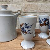 Old coffee service with 6 mazagrans and coffee pot with blue floral decoration