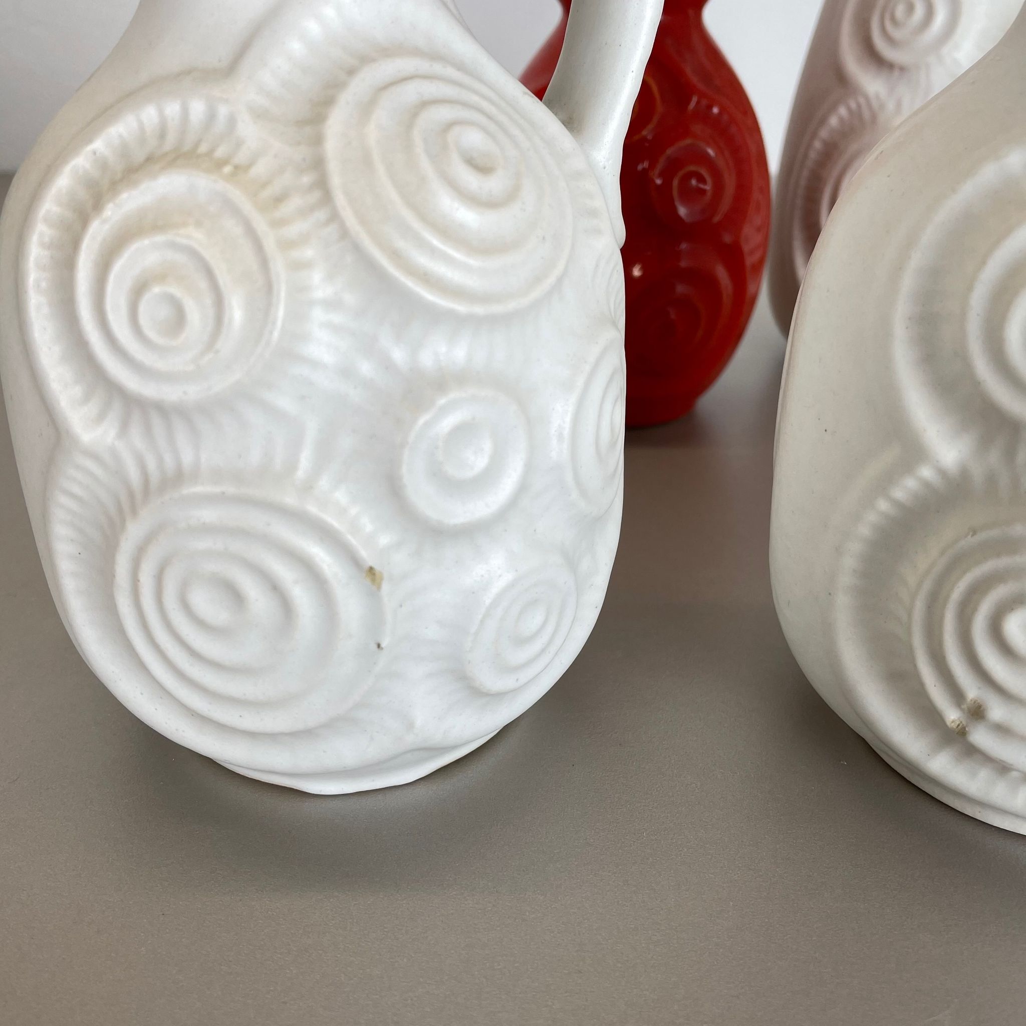 Set of 4 Red-White Fat Lava Op Art Pottery Vases by Bay Ceramics, Germany