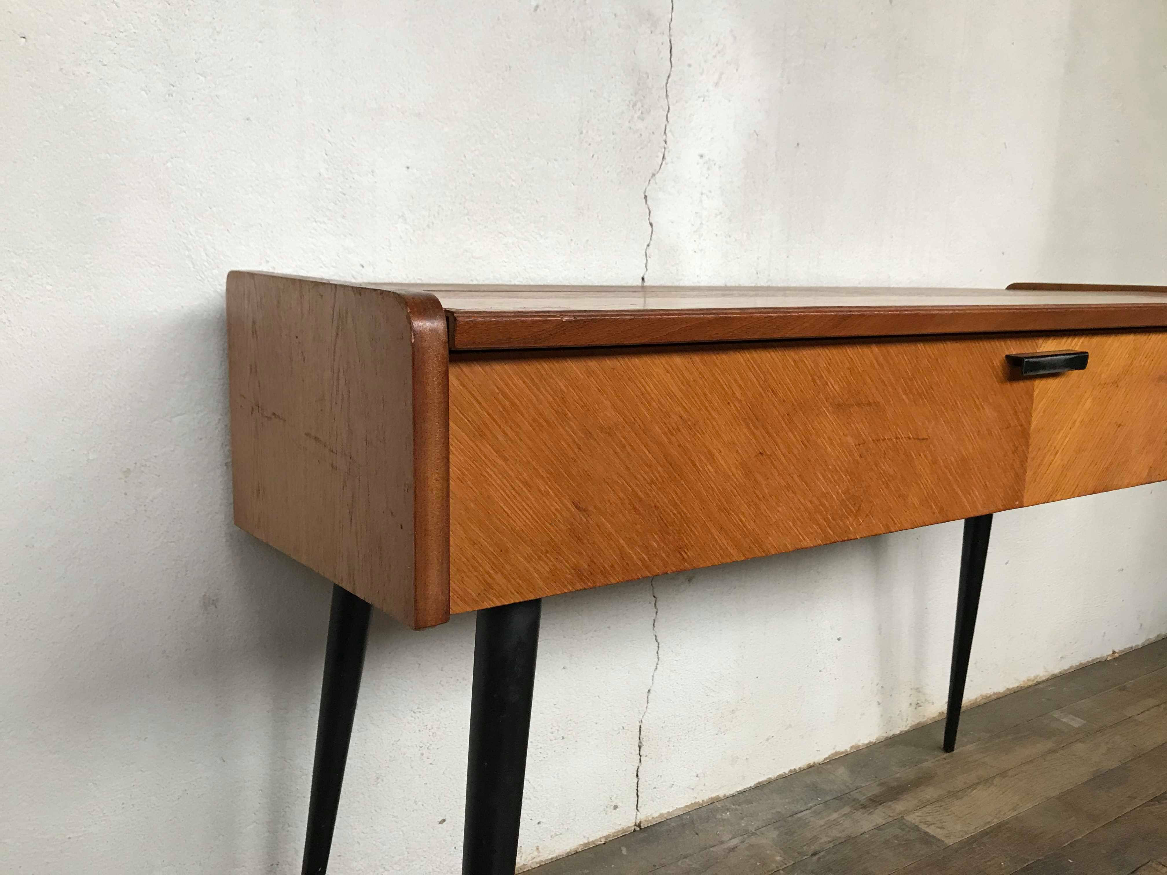 Bureau tricoteuse en teck vintage pieds compas fuseaux noir 1950 1960 style scandinave