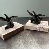 Pair of marble bookends with bronze birds