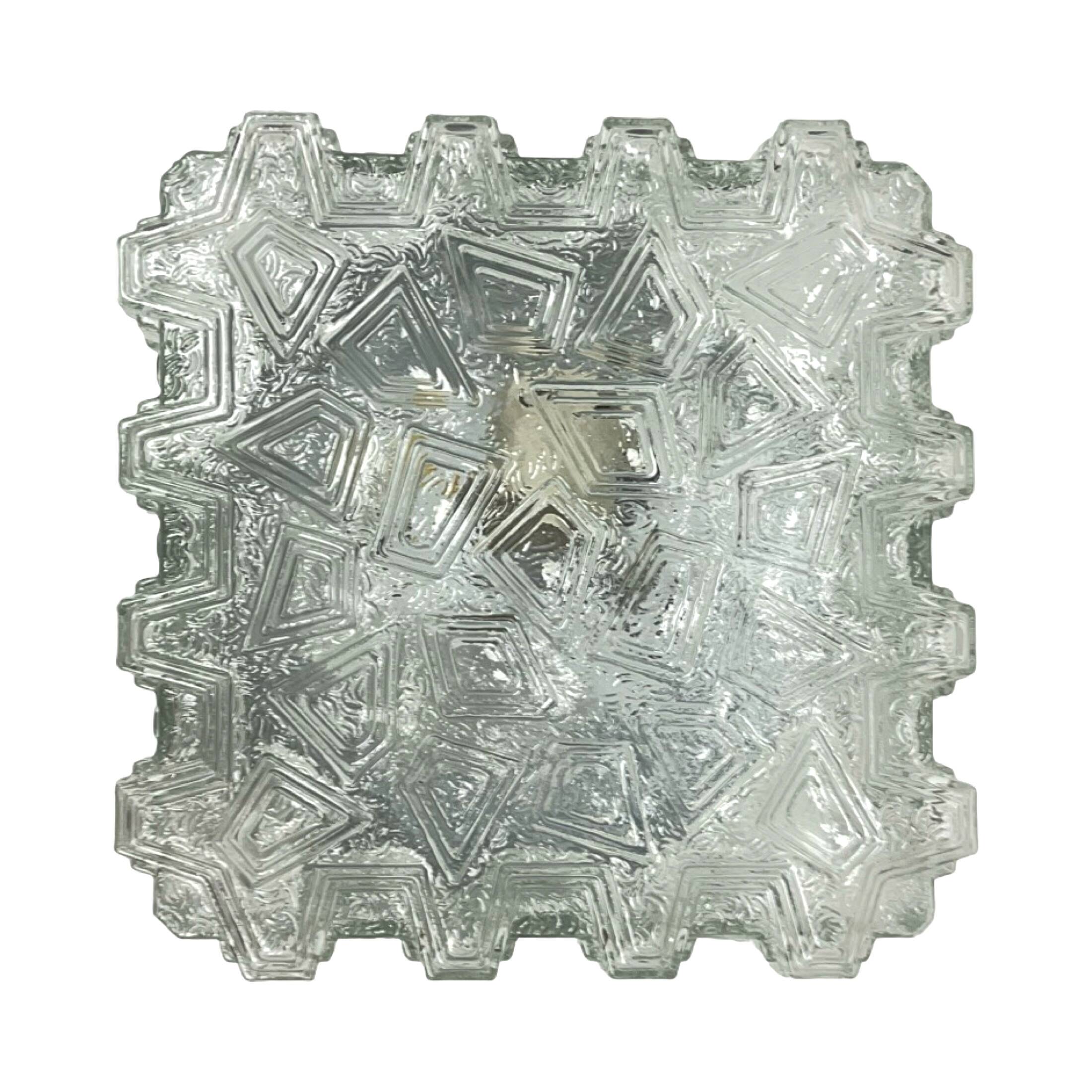1970s square Hillebrand ceiling light made of thick pressed glass.