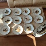 11 dinner plates, one large oval dish, and one gravy boat.