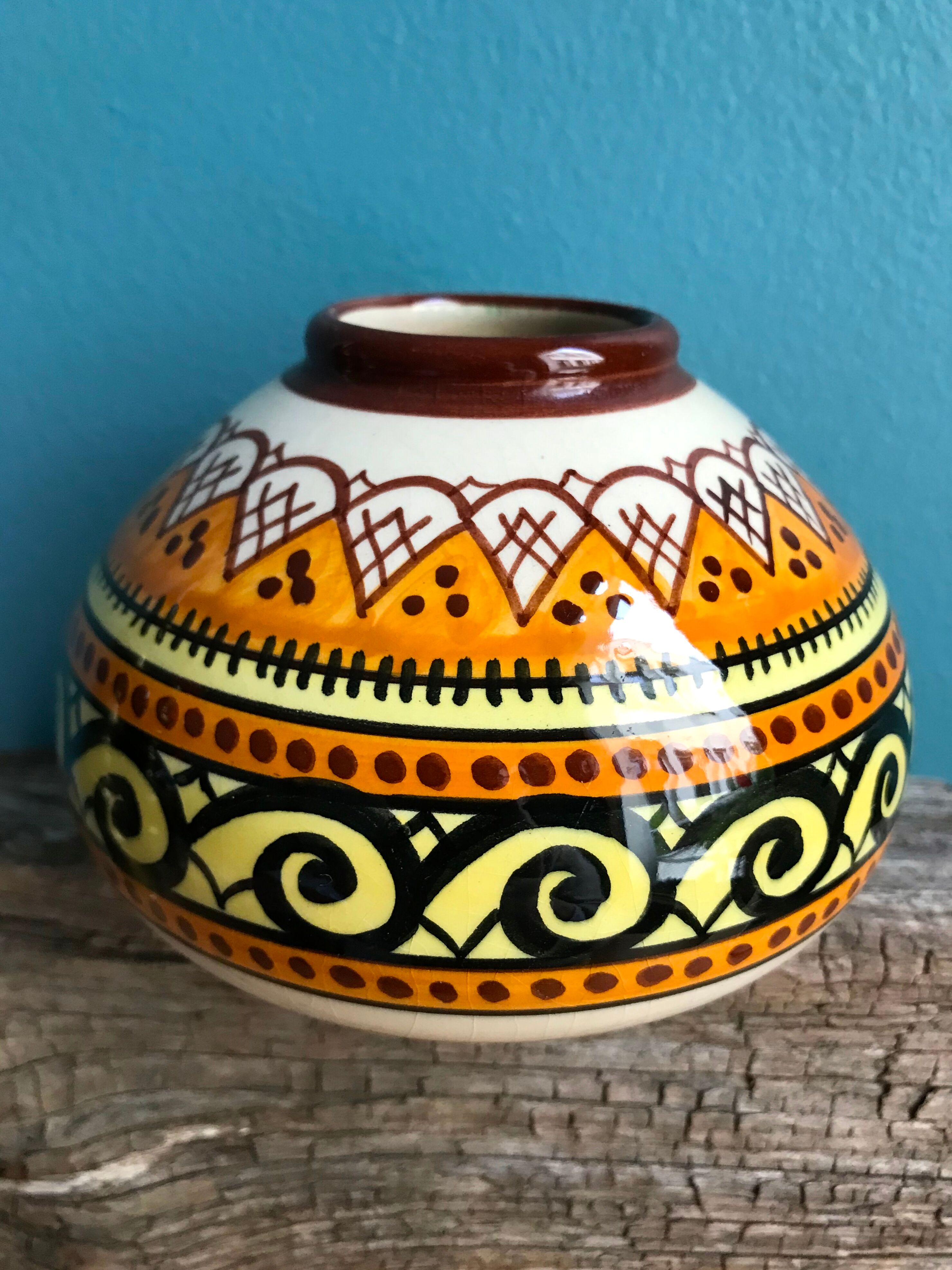 Quimper Henriot spinning top ball vase vintage soliflore art deco 1930 1940 celtic patterns orange black